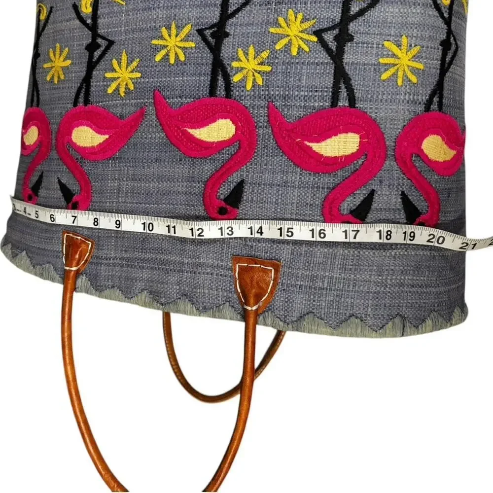 Le Comptoir De La Plage "Madagascar" Woven Raffia Blue/Pink Flamingos ExL Tote - Picture 8 of 16